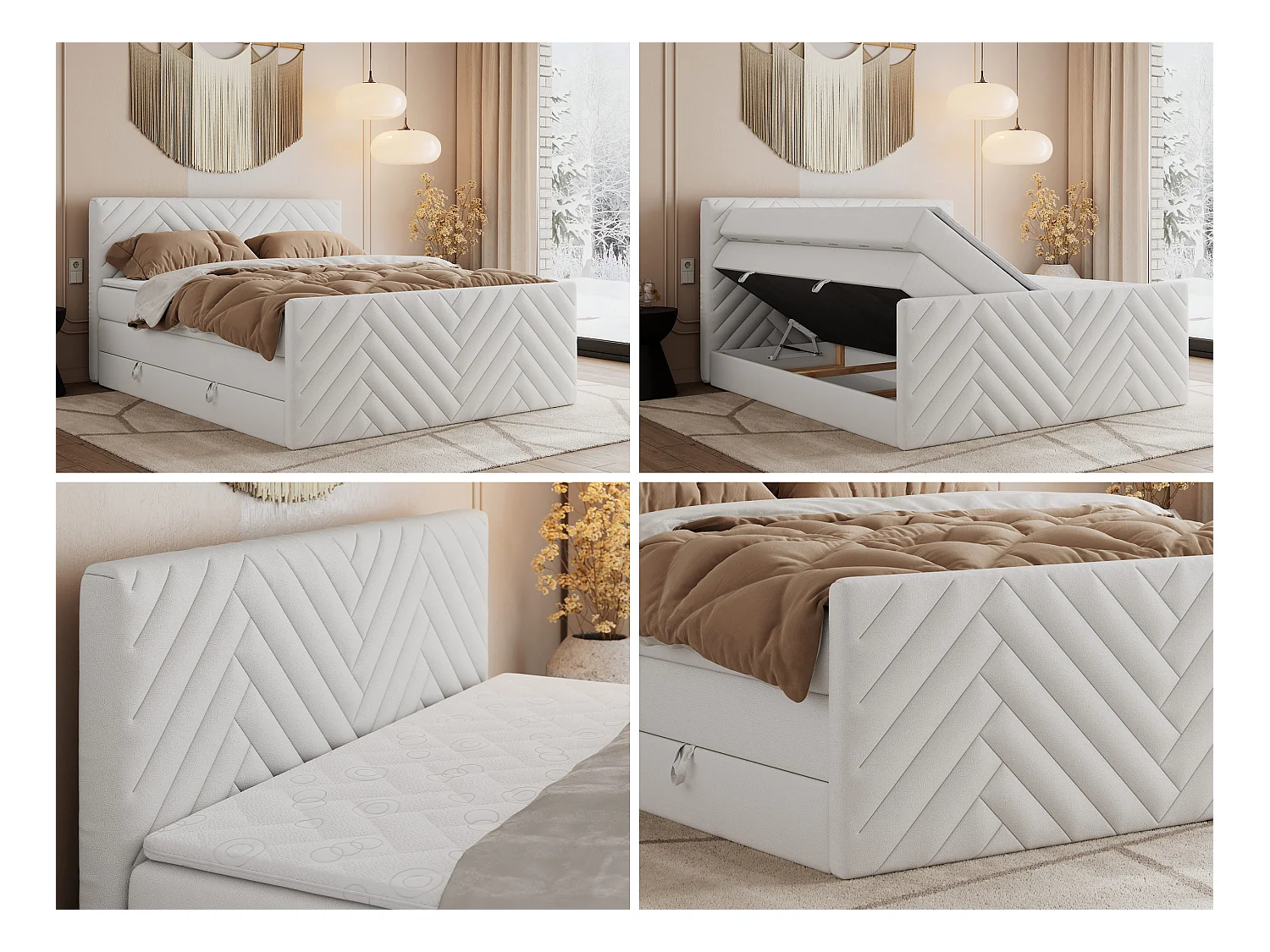 Boxspringbett PARIS KING DUO - dekorative Kopfstütze und Front, zwei Multipocket-Matratze mit Topper - 200x200 cm - H4 - Weiß Kunstleder