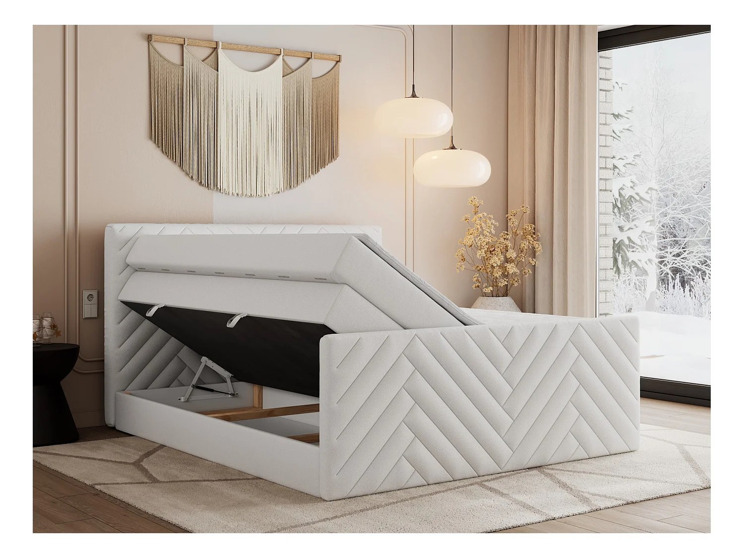 Boxspringbett PARIS KING DUO - dekorative Kopfstütze und Front, zwei Multipocket-Matratze mit Topper - 200x200 cm - H4 - Weiß Kunstleder