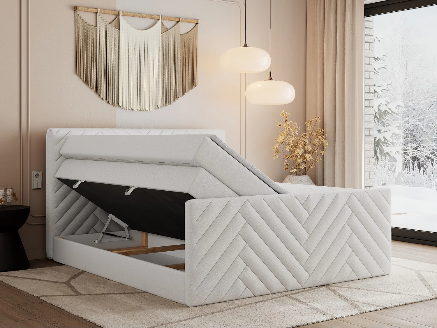 Boxspringbett PARIS KING DUO - dekorative Kopfstütze und Front, zwei Multipocket-Matratze mit Topper - 200x200 cm - H4 - Weiß Kunstleder