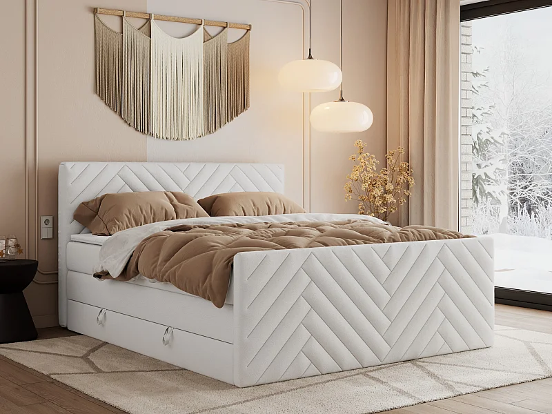 Boxspringbett PARIS KING DUO - dekorative Kopfstütze und Front, zwei Multipocket-Matratze mit Topper - 200x200 cm - H4 - Weiß Kunstleder