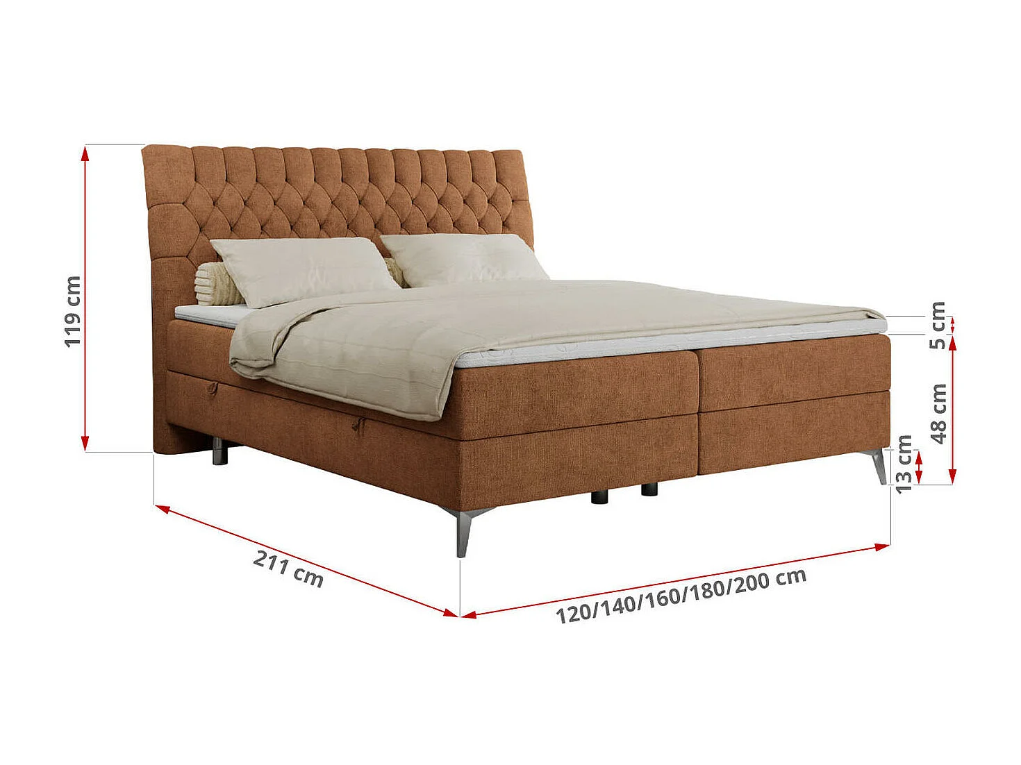 Boxspringbett MILEN - gepolstertes Schlafzimmerbett, zwei Multipocket-Matratze, dekorative hohe Beine - 200x200 cm - H3 - Orange Strukture