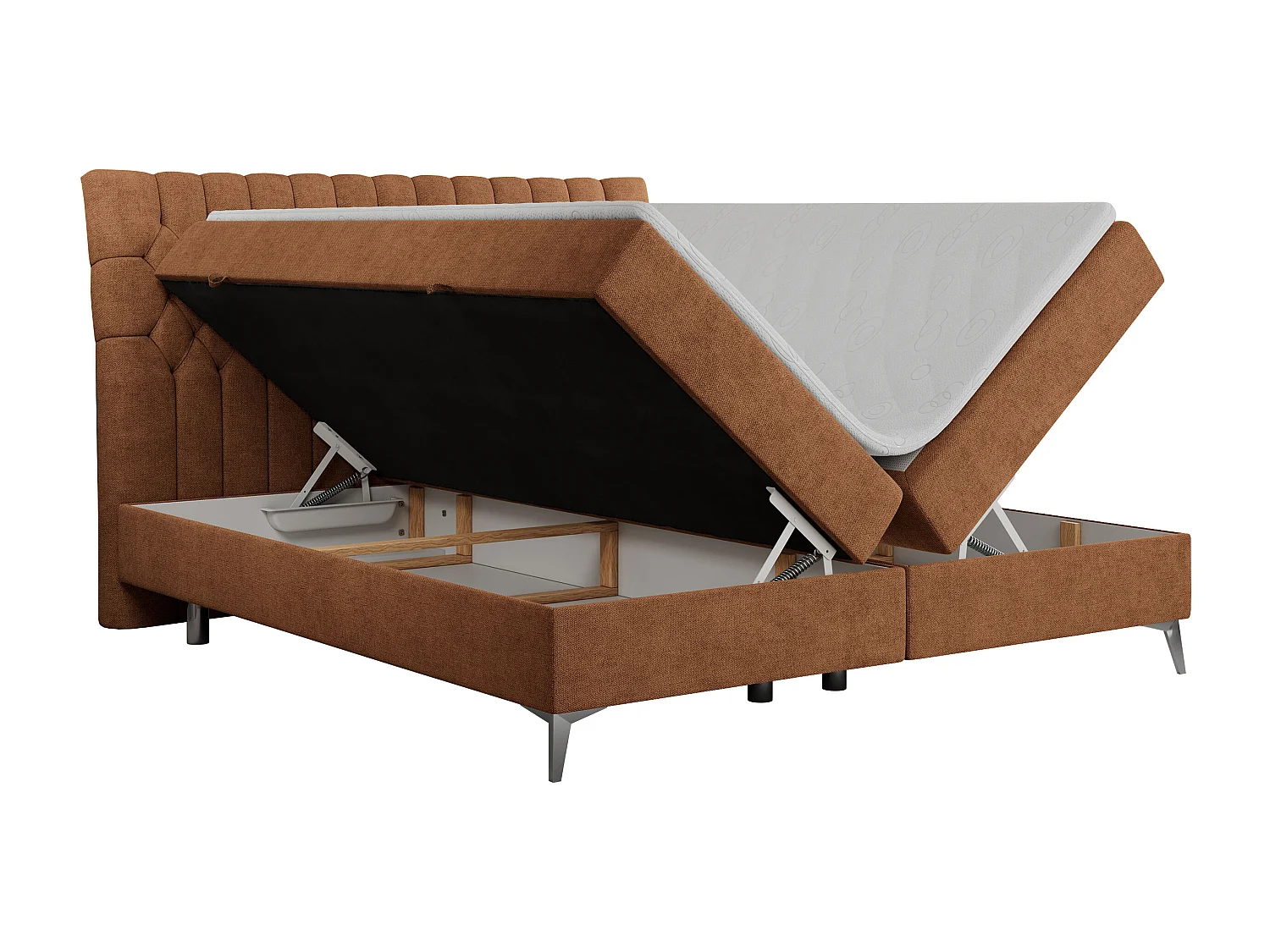 Boxspringbett MILEN - gepolstertes Schlafzimmerbett, zwei Multipocket-Matratze, dekorative hohe Beine - 200x200 cm - H3 - Orange Strukture