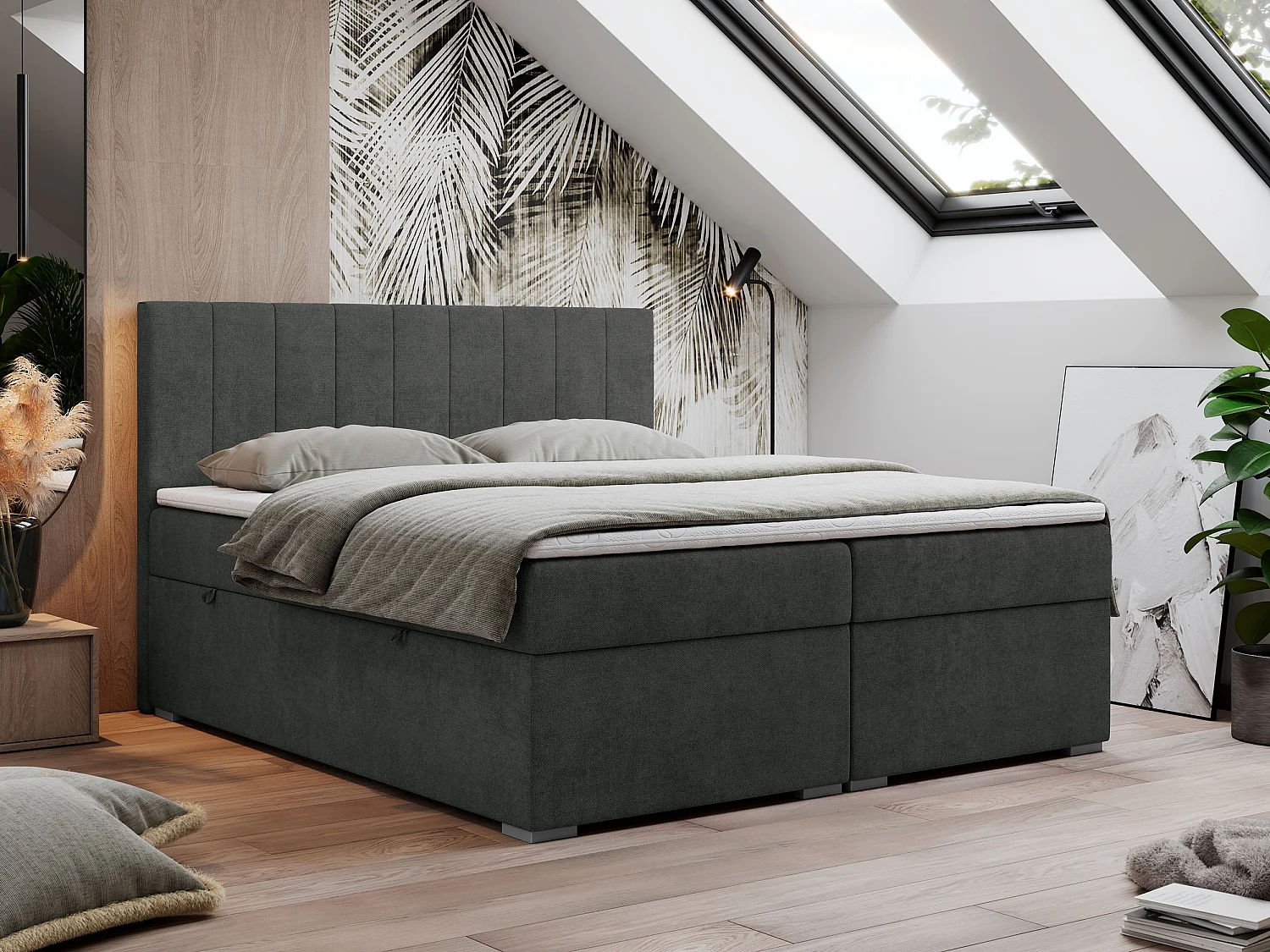 Boxspringbett LOPE - genähtes Kopfteil, Doppelbett mit Stauraum, Multipocket-Matratze, Topper - 140x200 cm - H4 - Dunkelgrau Strukture