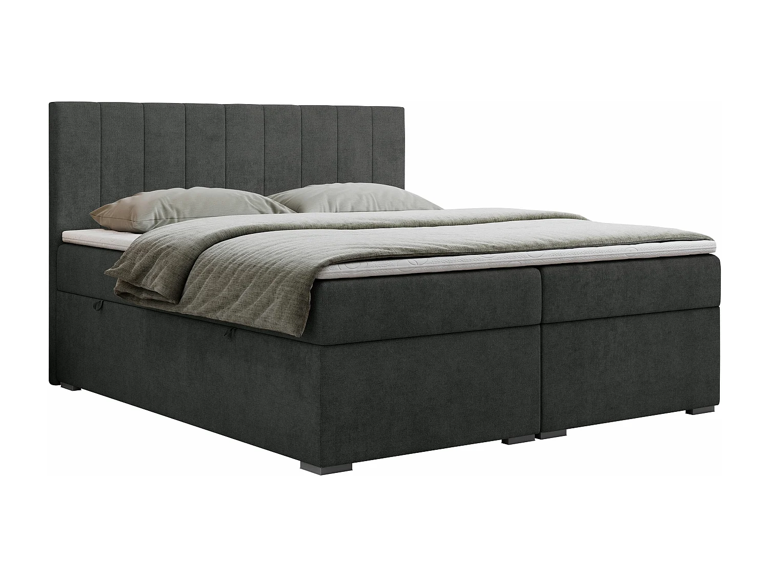 Boxspringbett LOPE - genähtes Kopfteil, Doppelbett mit Stauraum, Multipocket-Matratze, Topper - 140x200 cm - H4 - Dunkelgrau Strukture