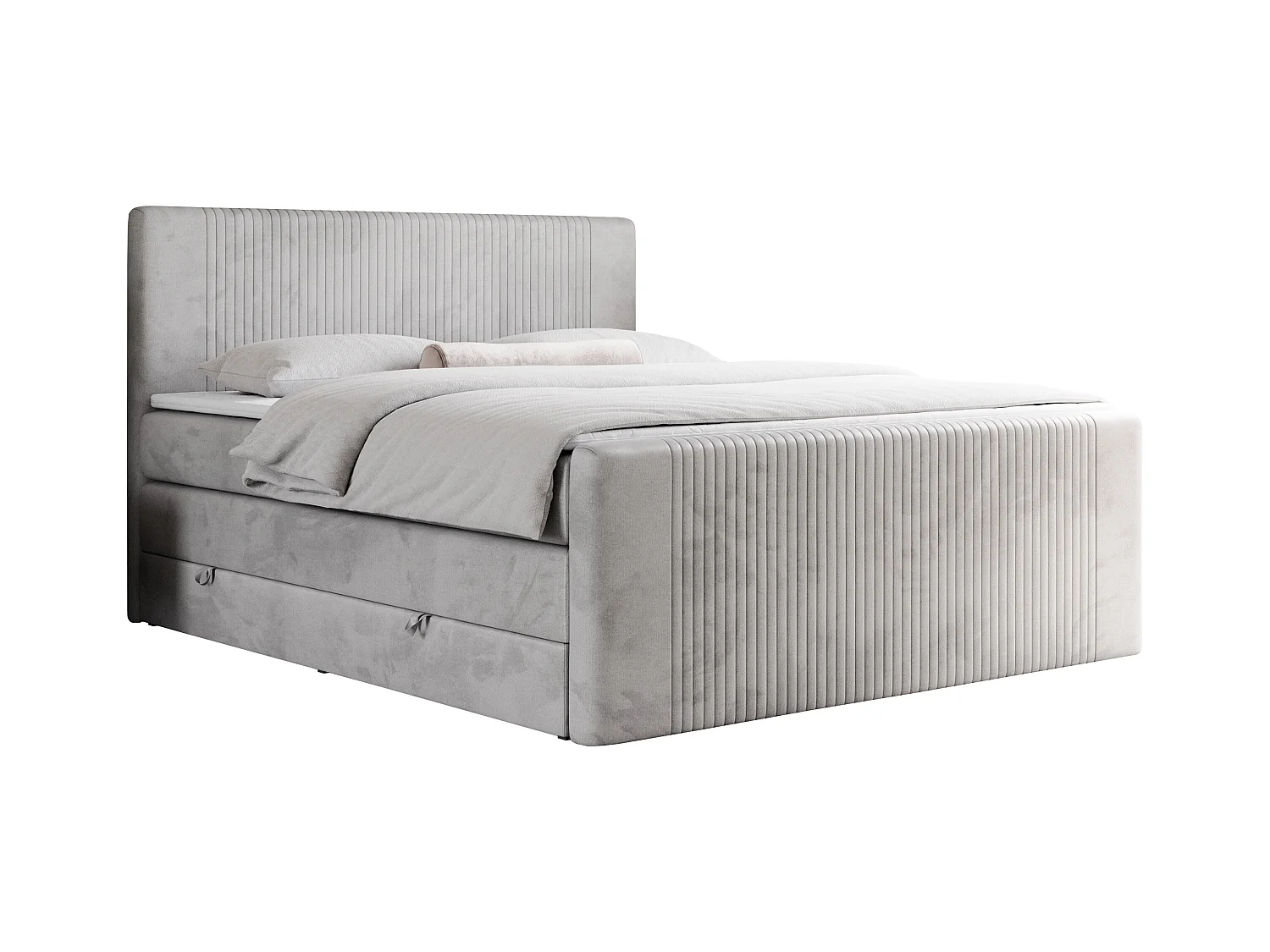 Boxspringbett DOREN KING - mit gesteppter Front und Kopfteil, zwei Multipocket-Matratzen und Topper, Doppelbett - 200x200 cm - H3 - Hellgrau Velvet