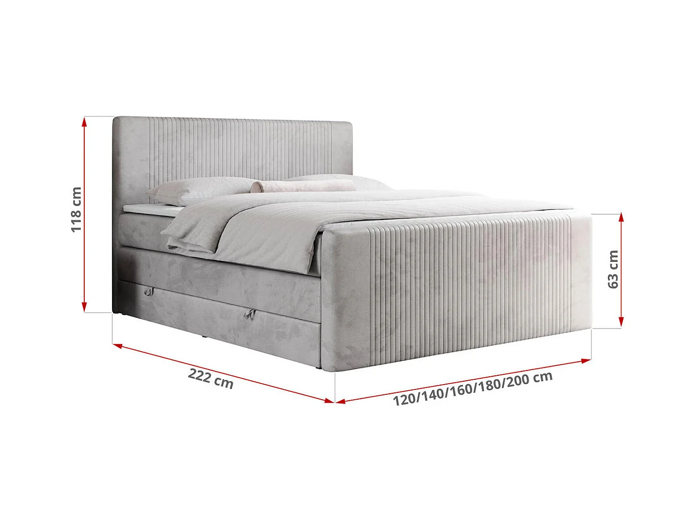 Boxspringbett DOREN KING - mit gesteppter Front und Kopfteil, zwei Multipocket-Matratzen und Topper, Doppelbett - 200x200 cm - H3 - Hellgrau Velvet