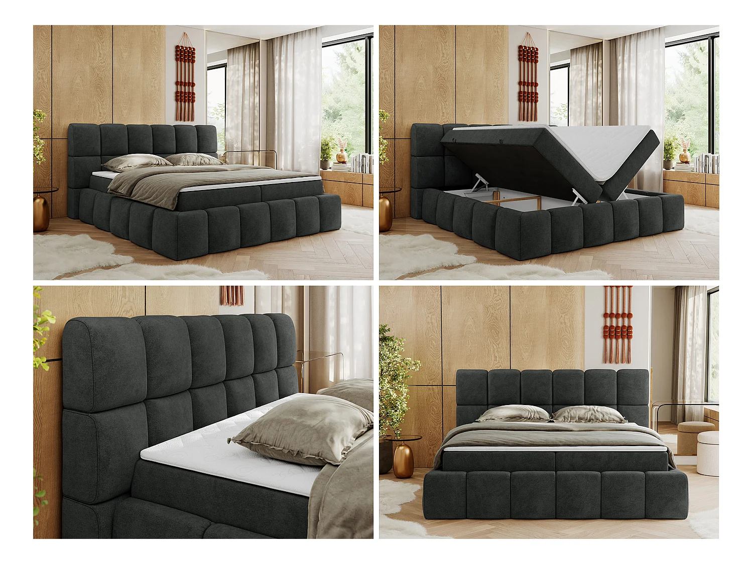 Boxspringbett NIRA - dekorativ kopfteil, Bettkästen und Multipocket-Matratze, Doppelbett für Schlafzimmer - 180x200 cm - H4 - Dunkelgrau Strukture