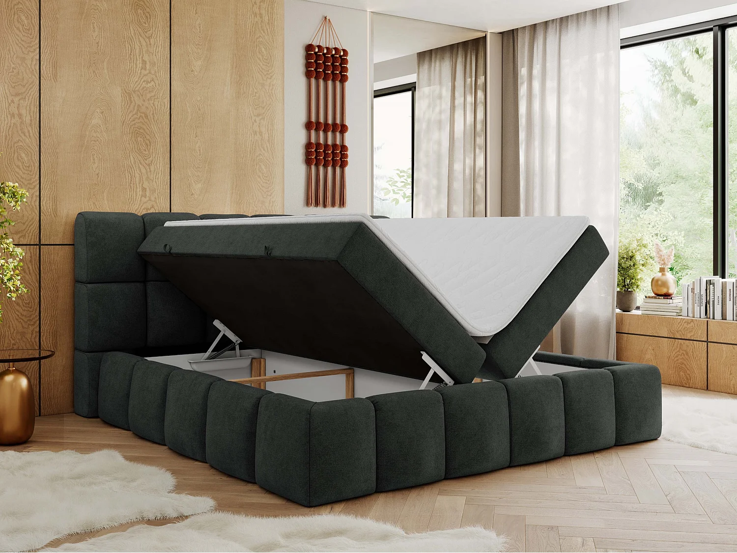 Boxspringbett NIRA - dekorativ kopfteil, Bettkästen und Multipocket-Matratze, Doppelbett für Schlafzimmer - 180x200 cm - H4 - Dunkelgrau Strukture