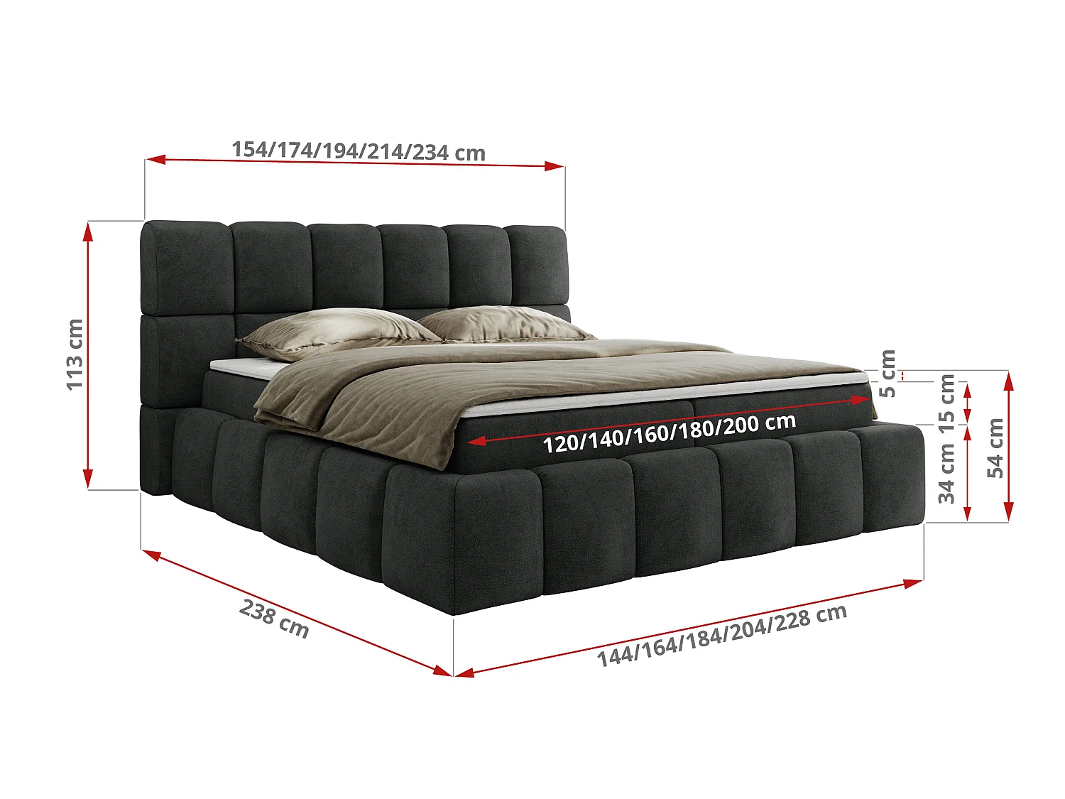 Lit boxspring - Dureté H4 + Topper T25 - Gris foncé Tissu texturé - 180x200 - NIRA