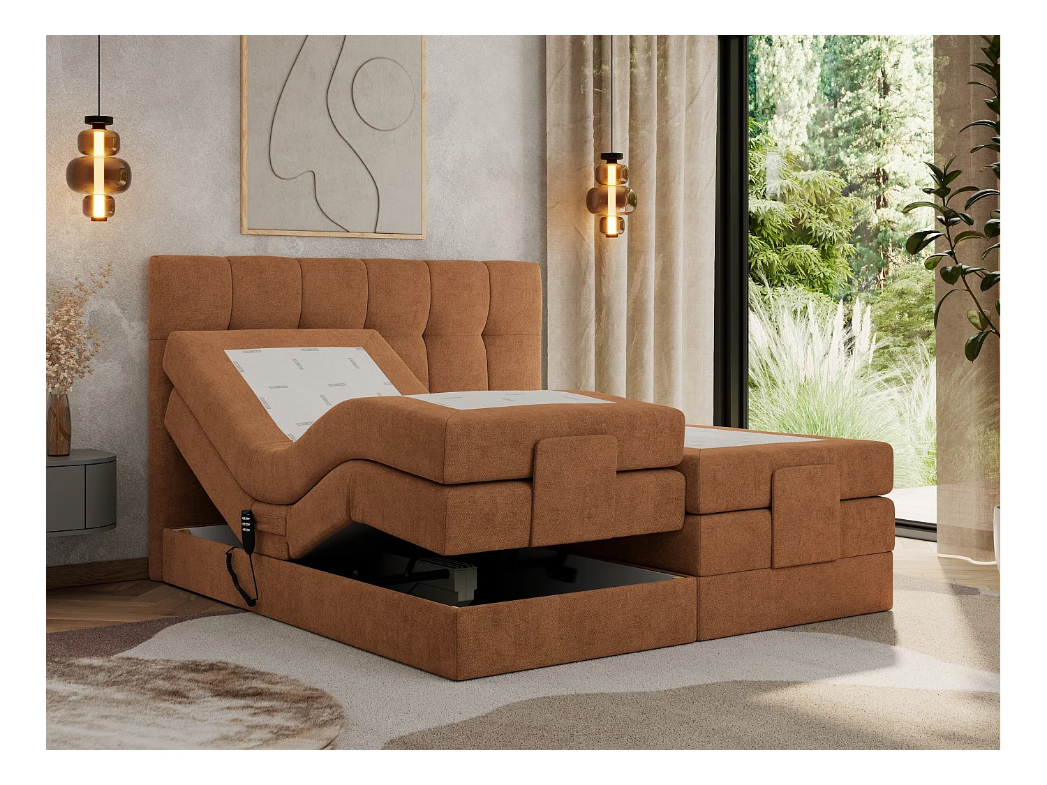 Boxspringbett VITTORIA - mit gestepptem Kopfteil, elektrischem Untergestell, Multipocket-Matratze - 160x200 cm - H3 - Orange Strukture