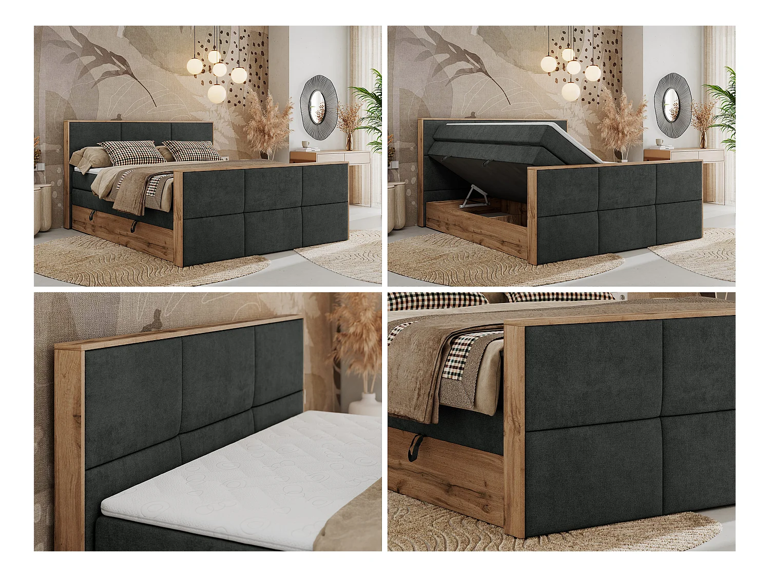 Boxspringbett ALBERO 2 KING DUO - Eiche Wotan Holzrahmen, zwei Multipocket-Matratzen, Bettkästen - 120x200 cm - H3 - Dunkelgrau Strukture