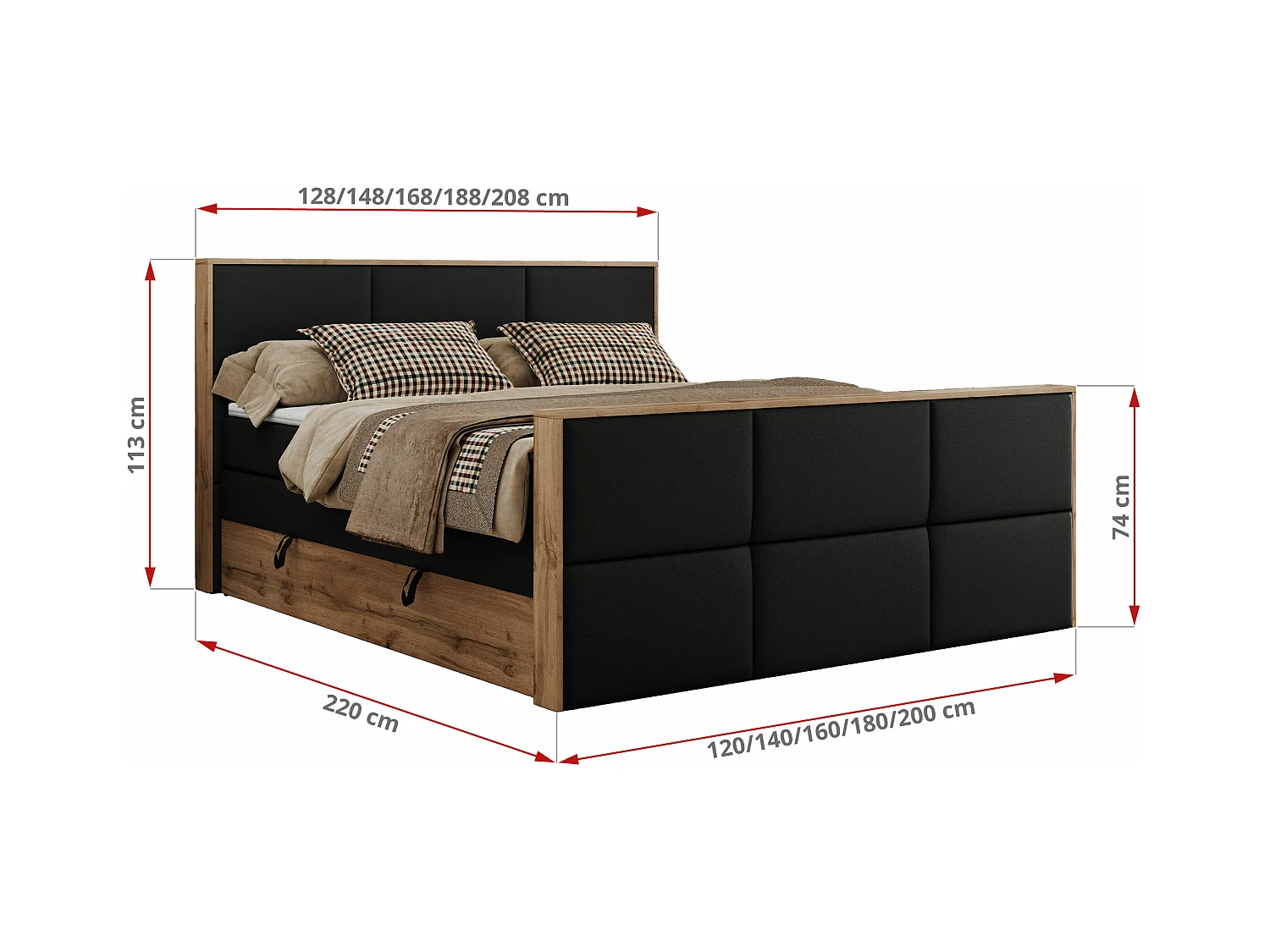 Boxspringbett ALBERO 2 KING DUO - Eiche Wotan Holzrahmen, zwei Multipocket-Matratzen, Bettkästen - 200x200 cm - H3 - Schwarz Kunstleder