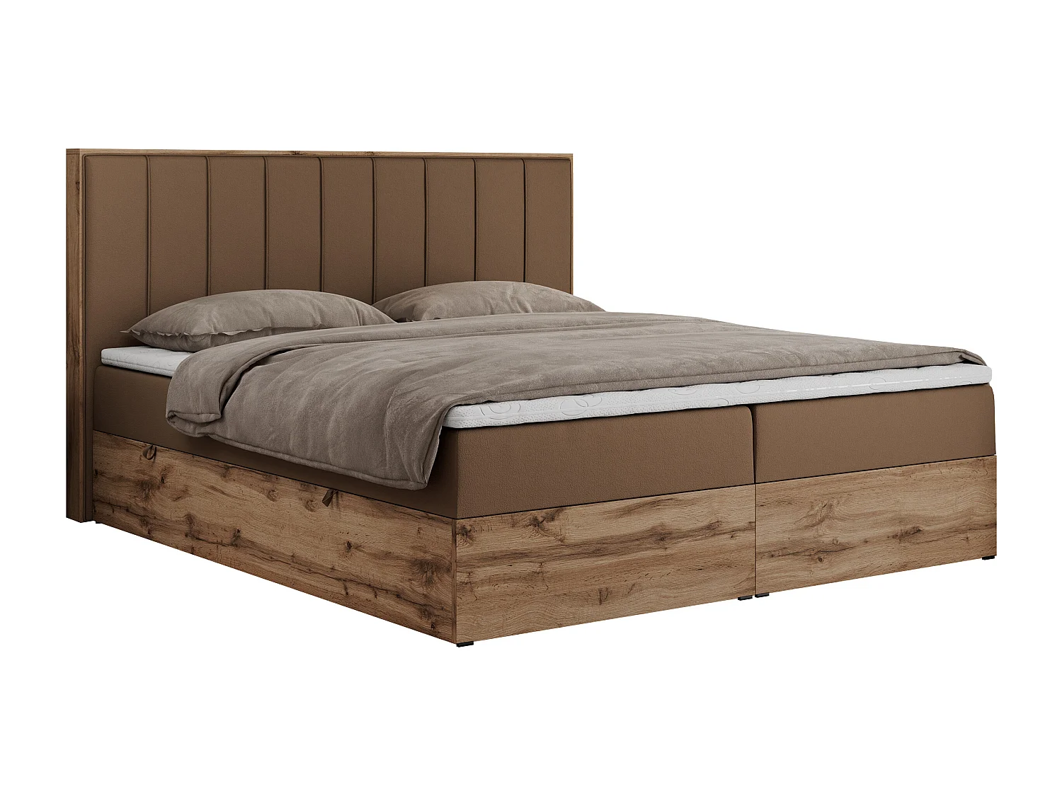 Boxspringbett BELLISSIMO - mit gestepptem Kopfteil, Polsterbett mit zwei Bettkästen, Multipocket-Matratze - 140x200 cm - H3 - Braun Kunstleder