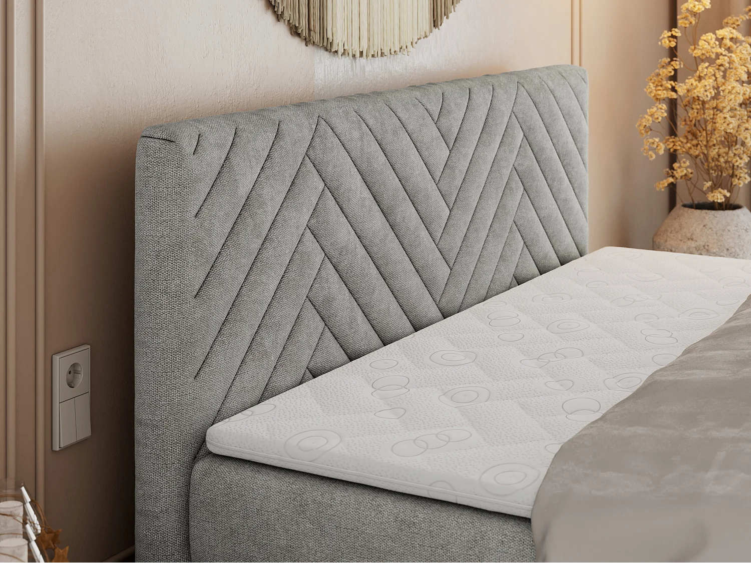 Boxspringbett PARIS KING DUO - dekorative Kopfstütze und Front, zwei Multipocket-Matratze mit Topper - 140x200 cm - H3 - Hellgrau Strukture