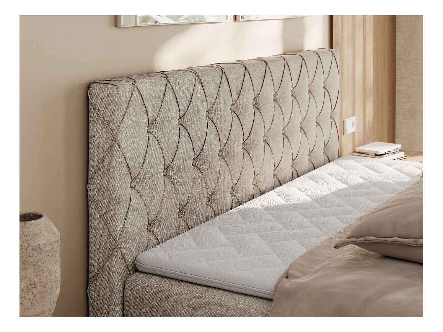 Boxspringbett MIREN DUO - mit gestepptem Kopfteil und Front, Multipocket-Matratze, zwei Bettkästen - 200x200 cm - H3 - Beige Strukture