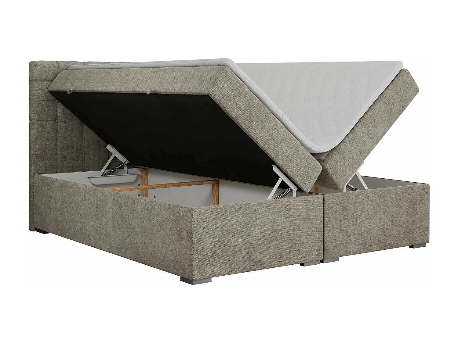 Boxspringbett SUSAN - mit gestepptem Kopfteil, zwei Bettkästen und Topper, gepolstertes Schlafzimmerbett - 140x200 cm - H4 - Beige Stukture