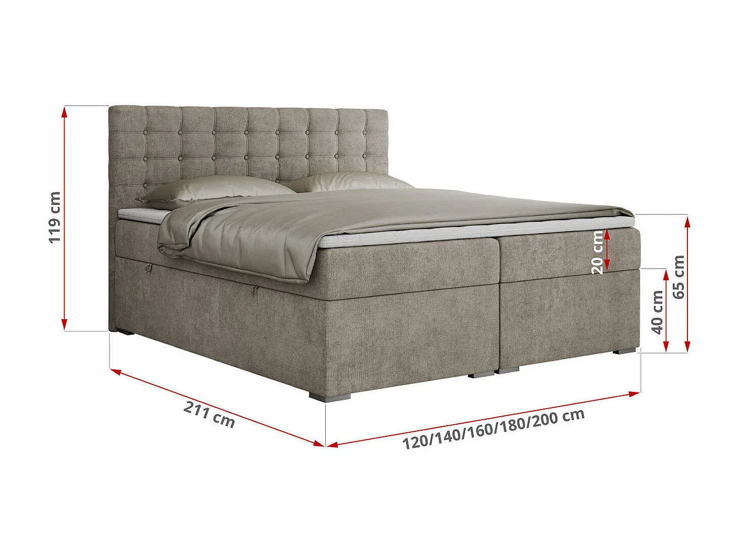 Boxspringbett SUSAN - mit gestepptem Kopfteil, zwei Bettkästen und Topper, gepolstertes Schlafzimmerbett - 140x200 cm - H4 - Beige Stukture