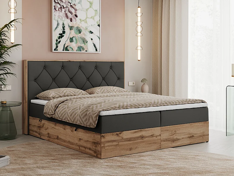 Boxspringbett VENETO - gestepptem Kopfteil, Set mit Multipocket-Matratze und Topper, Holzrahmen, zwei Bettkästen - 160x200 cm - H3 - Dunkelgrau Kunstleder