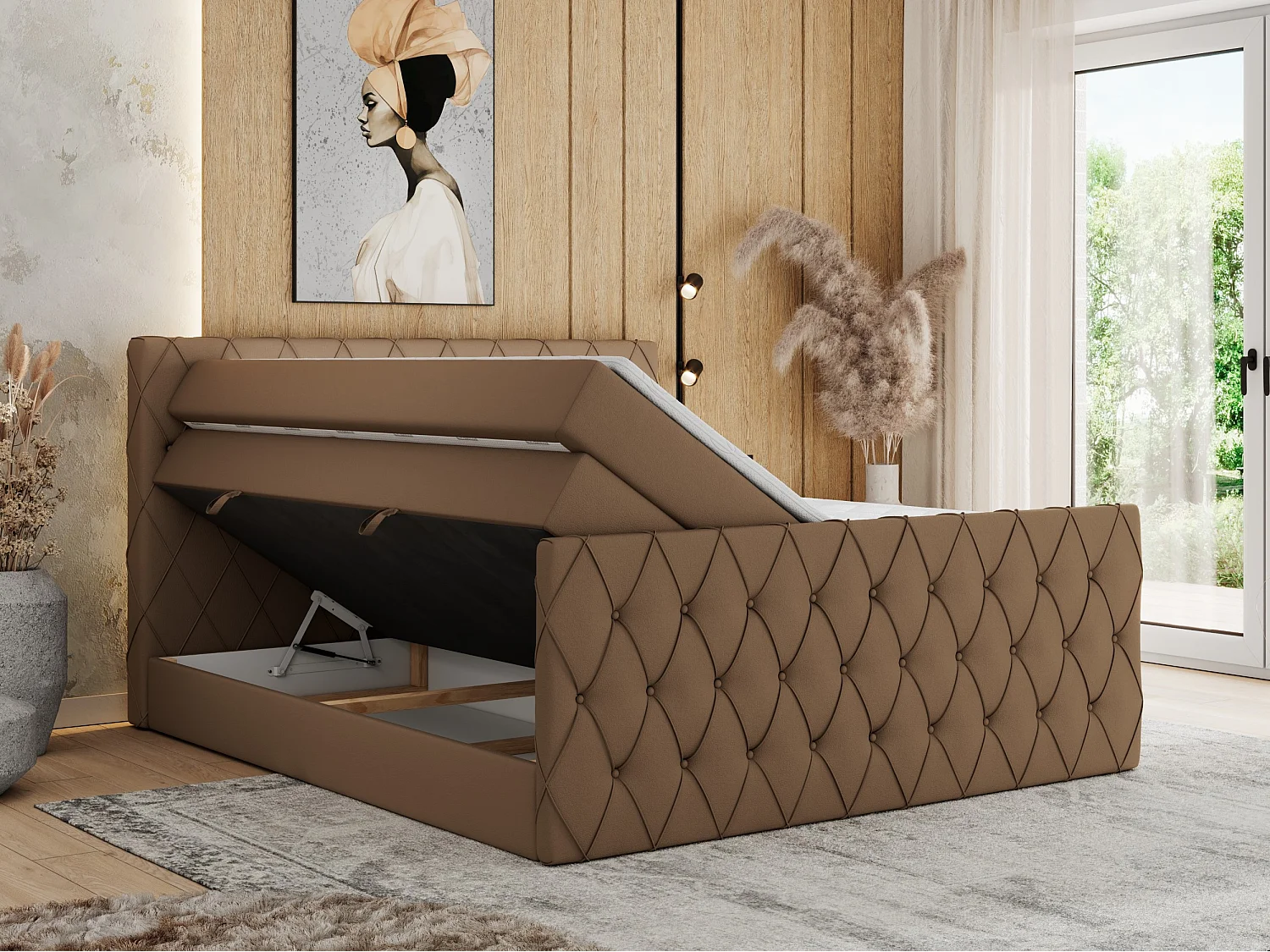 Boxspringbett MIREN KING DUO - für Schlafzimmer mit zwei Multipocket-Matratzen und Topper, gestepptes Kopfteil und Front  - 160x200 cm - H3 - Braun Kunstleder