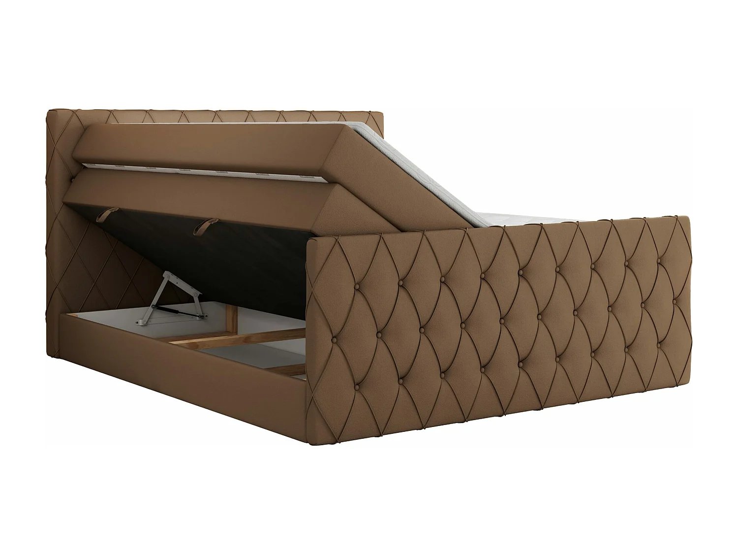 Boxspringbett MIREN KING DUO - für Schlafzimmer mit zwei Multipocket-Matratzen und Topper, gestepptes Kopfteil und Front  - 160x200 cm - H3 - Braun Kunstleder