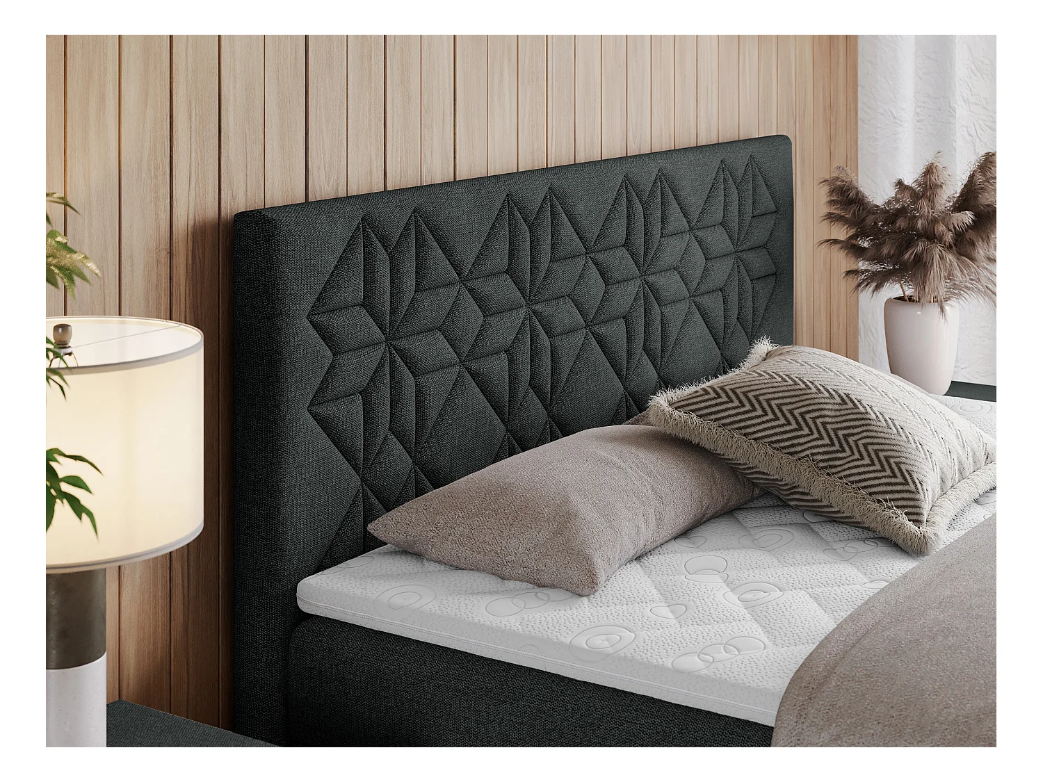 Boxspringbett LEILA - gestepptes Kopfteil,  7 Härtezonen Multipocket-Matratzen, Doppelbett mit Bettkästen - 200x200 cm - H3 - Dunkelgrau Strukture