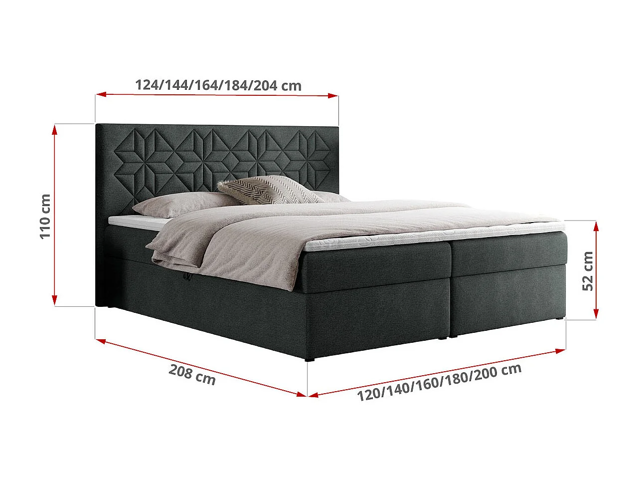 Boxspringbett LEILA - gestepptes Kopfteil,  7 Härtezonen Multipocket-Matratzen, Doppelbett mit Bettkästen - 200x200 cm - H3 - Dunkelgrau Strukture