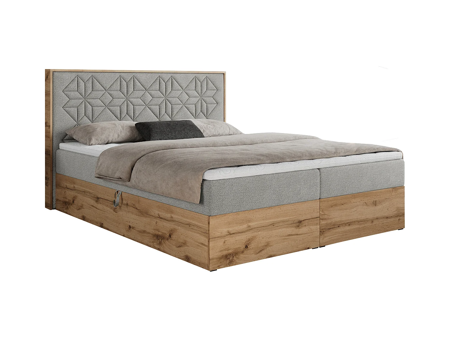 Boxspringbett NESSI - mit hoher Kopfstütze, Multipocket-Matratze und Topper, Doppelbett mit Bettkästen - 180x200 cm - H3 - Hellgrau Strukture