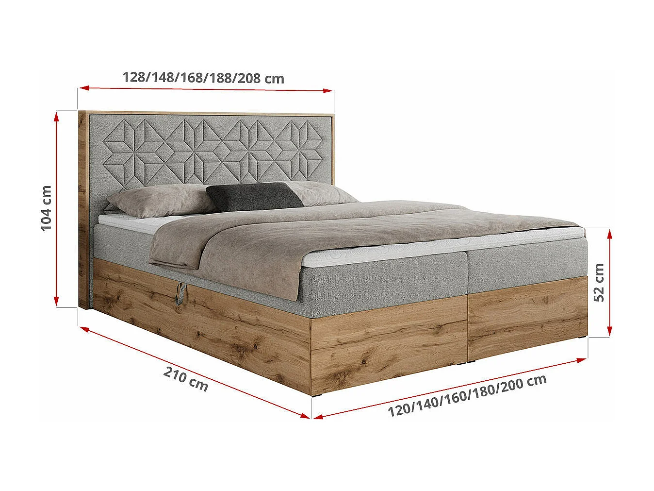 Boxspringbett NESSI - mit hoher Kopfstütze, Multipocket-Matratze und Topper, Doppelbett mit Bettkästen - 180x200 cm - H3 - Hellgrau Strukture