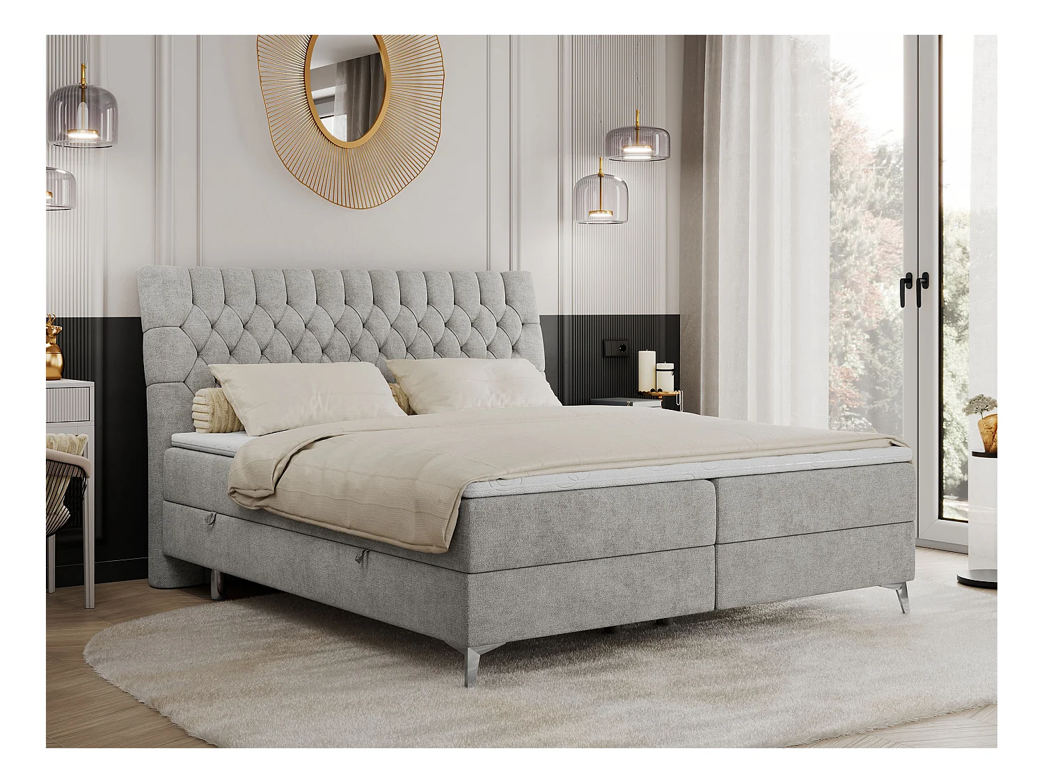 Boxspringbett MILEN - gepolstertes Schlafzimmerbett, zwei Multipocket-Matratze, dekorative hohe Beine - 200x200 cm - H4 - Hellgrau Strukture