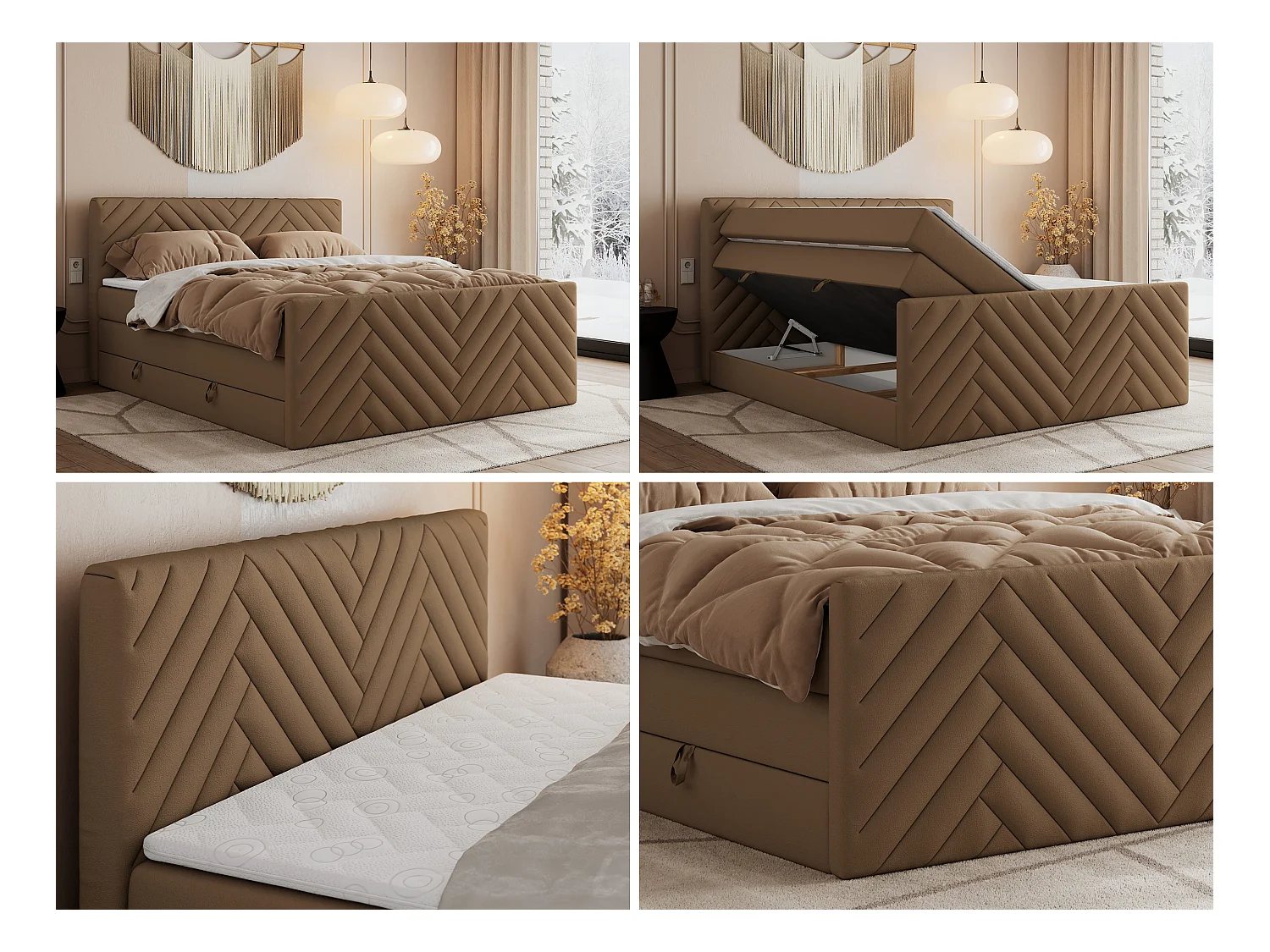 Boxspringbett PARIS KING DUO - dekorative Kopfstütze und Front, zwei Multipocket-Matratze mit Topper - 140x200 cm - H3 - Braun Kunstleder