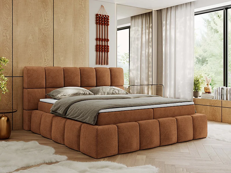 Boxspringbett NIRA - dekorativ kopfteil, Bettkästen und Multipocket-Matratze, Doppelbett für Schlafzimmer - 180x200 cm - H3 - Orange Strukture