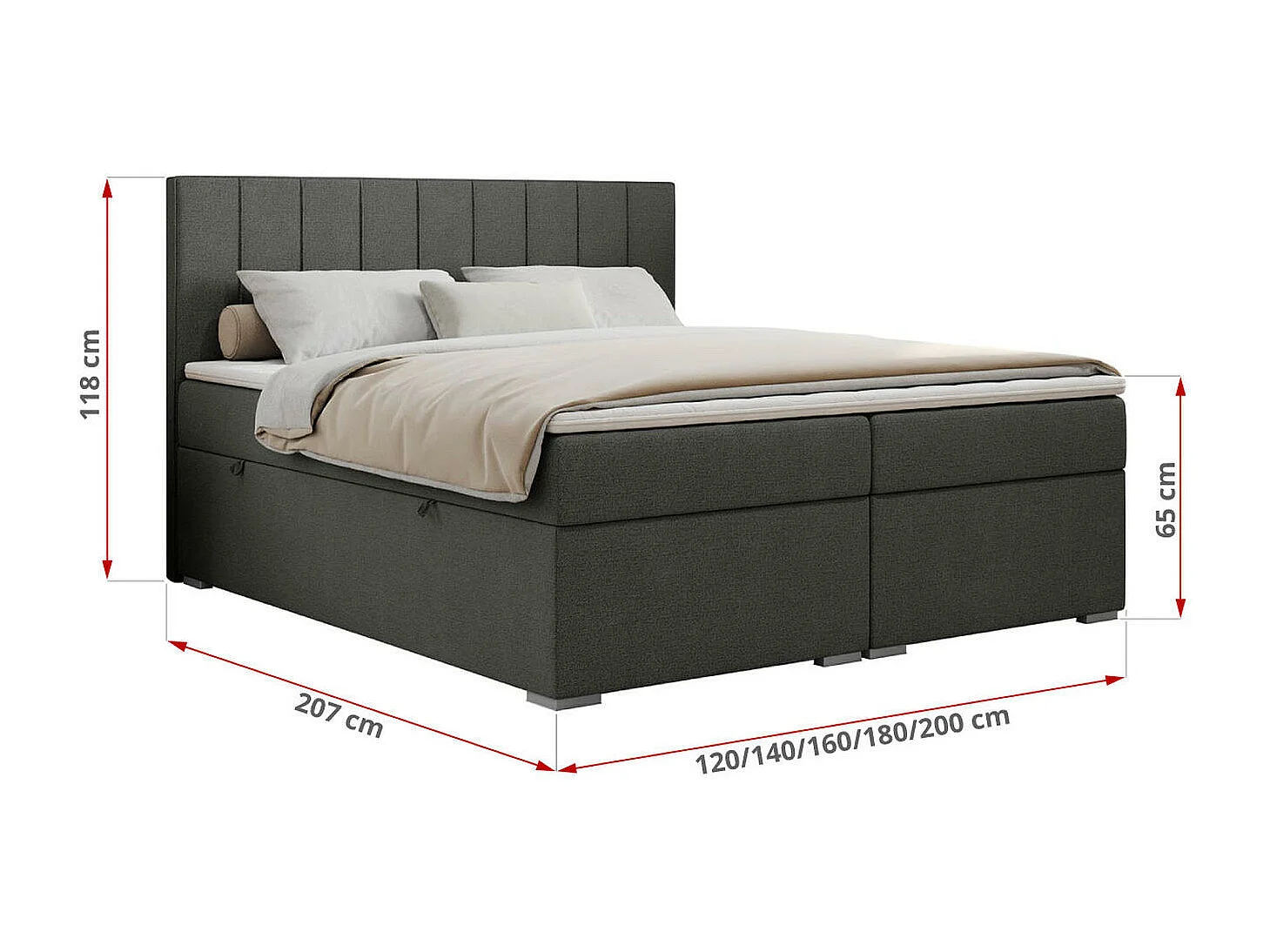 Boxspringbett ALLY - gestreiftes, genähtes Kopfteil, zwei Bettkästen, Multipocket-Matratzen, Praktisch Polsterbett - 160x200 cm - H4 - Dunkelgrau Strukture