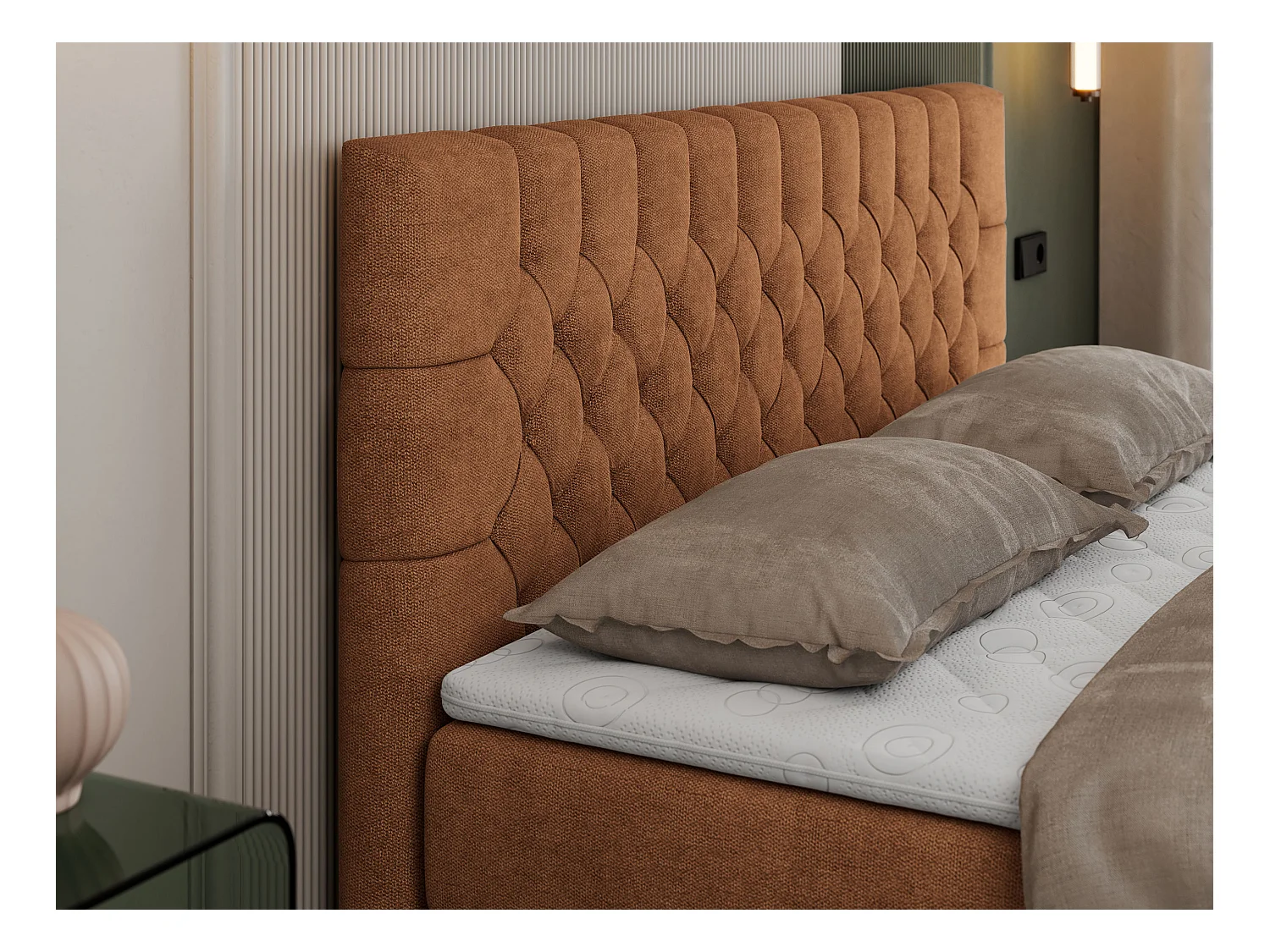 Boxspringbett PERA - gesteppte Kopfstütze, Multipocket-Matratze und Topper, Doppelbett mit Stauraum - 120x200 cm - H3 - Orange Strukture