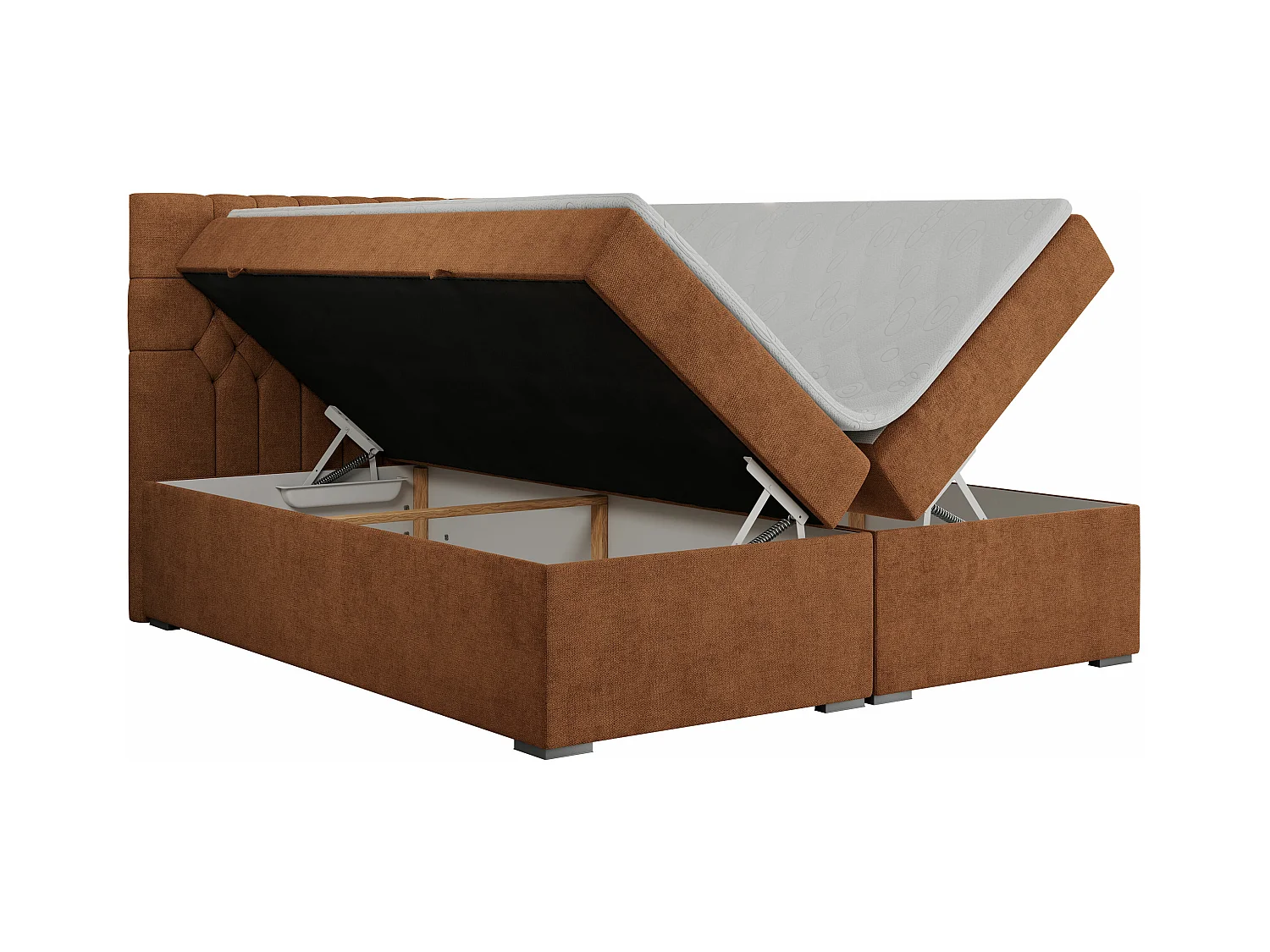 Boxspringbett PERA - gesteppte Kopfstütze, Multipocket-Matratze und Topper, Doppelbett mit Stauraum - 120x200 cm - H3 - Orange Strukture