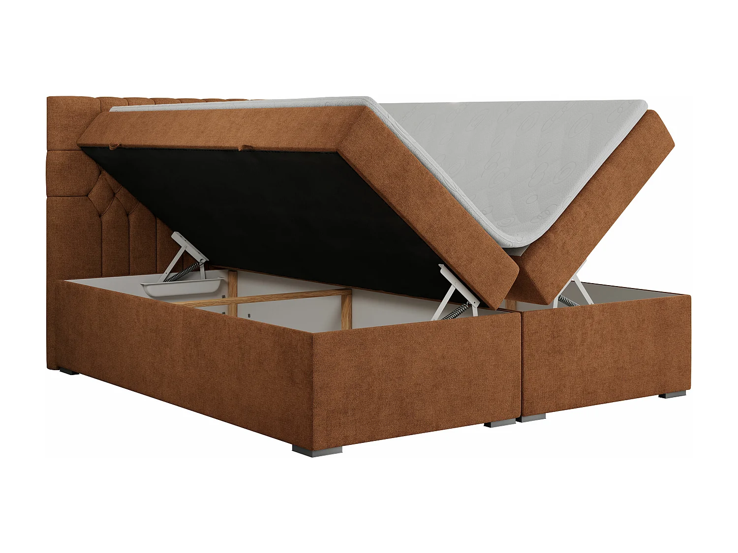 Boxspringbett PERA - gesteppte Kopfstütze, Multipocket-Matratze und Topper, Doppelbett mit Stauraum - 120x200 cm - H3 - Orange Strukture