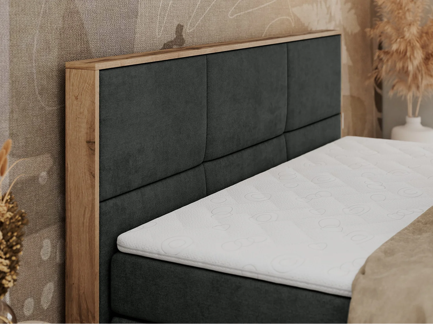 Boxspringbett ALBERO 2 KING DUO - Eiche Wotan Holzrahmen, zwei Multipocket-Matratzen, Bettkästen - 200x200 cm - H4 - Dunkelgrau Strukture