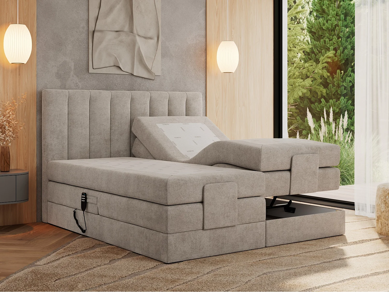 Boxspringbett COMFORTO - Doppelbett, Elektrisch verstellbare, Multipocket-Matratzen und Topper, genähtes Kopfteil - 140x200 cm - H3 - Beige Strukture