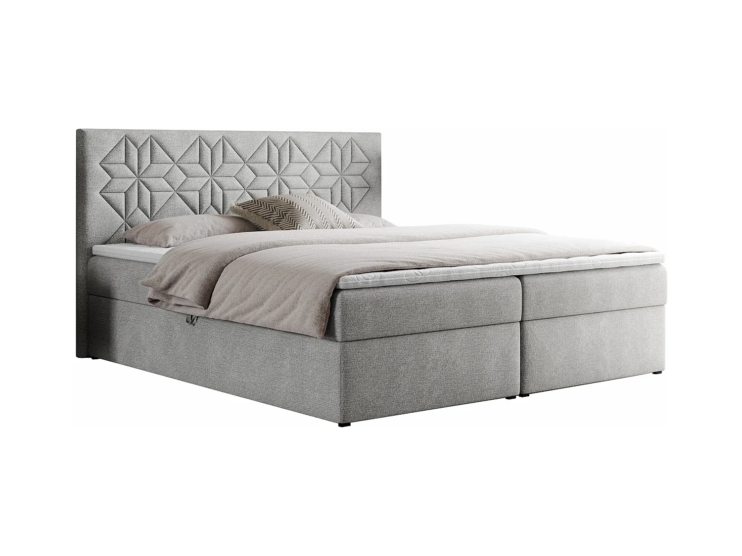 Boxspringbett LEILA - gestepptes Kopfteil,  7 Härtezonen Multipocket-Matratzen, Doppelbett mit Bettkästen - 160x200 cm - H4 - Hellgrau Strukture