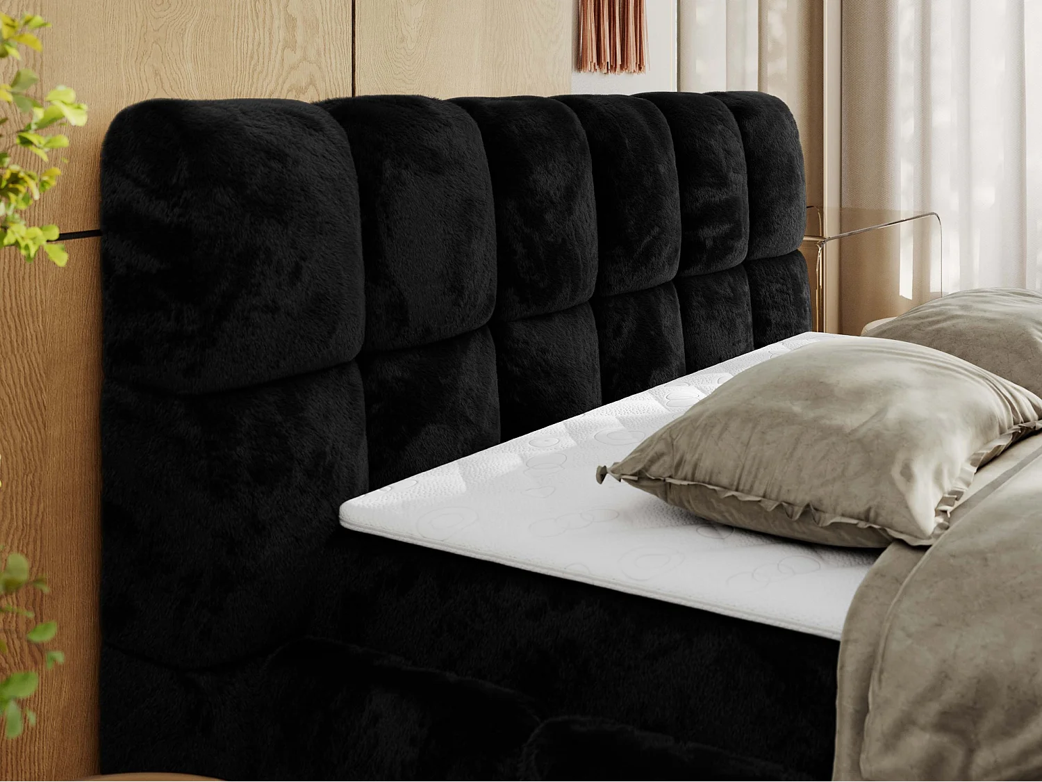 Boxspringbett NIRA - dekorativ kopfteil, Bettkästen und Multipocket-Matratze, Doppelbett für Schlafzimmer - 200x200 cm - H4 - Schwarz Plüsch