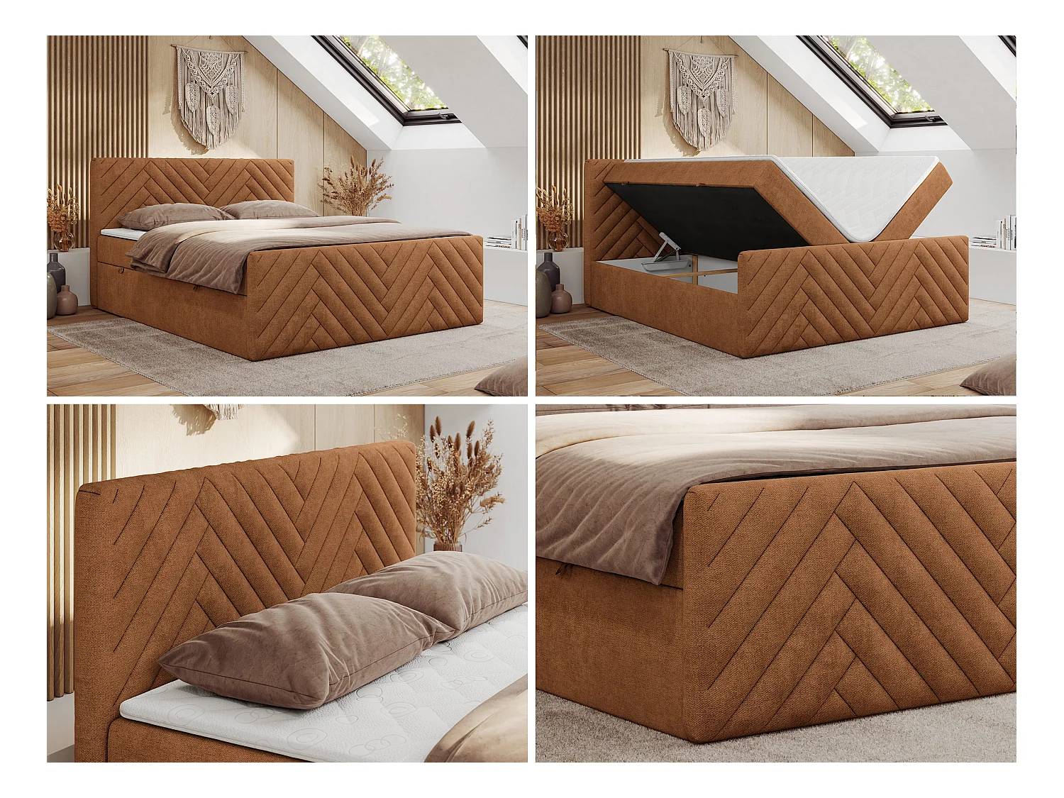 Boxspringbett PARIS DUO - Polsterbett mit genähtem Kopfteil und Frontplatte, Doppelbett, zwei Bettkästen - 120x200 cm - H3 - Orange Strukture