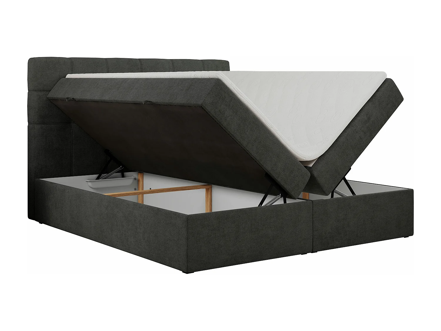 Boxspringbett ERNI - mit gestepptem Kopfteil, Polsterbett, Multipocket-Matratze und Topper, Bettkästen - 140x200 cm - H3 - Dunkelgrau Stukture