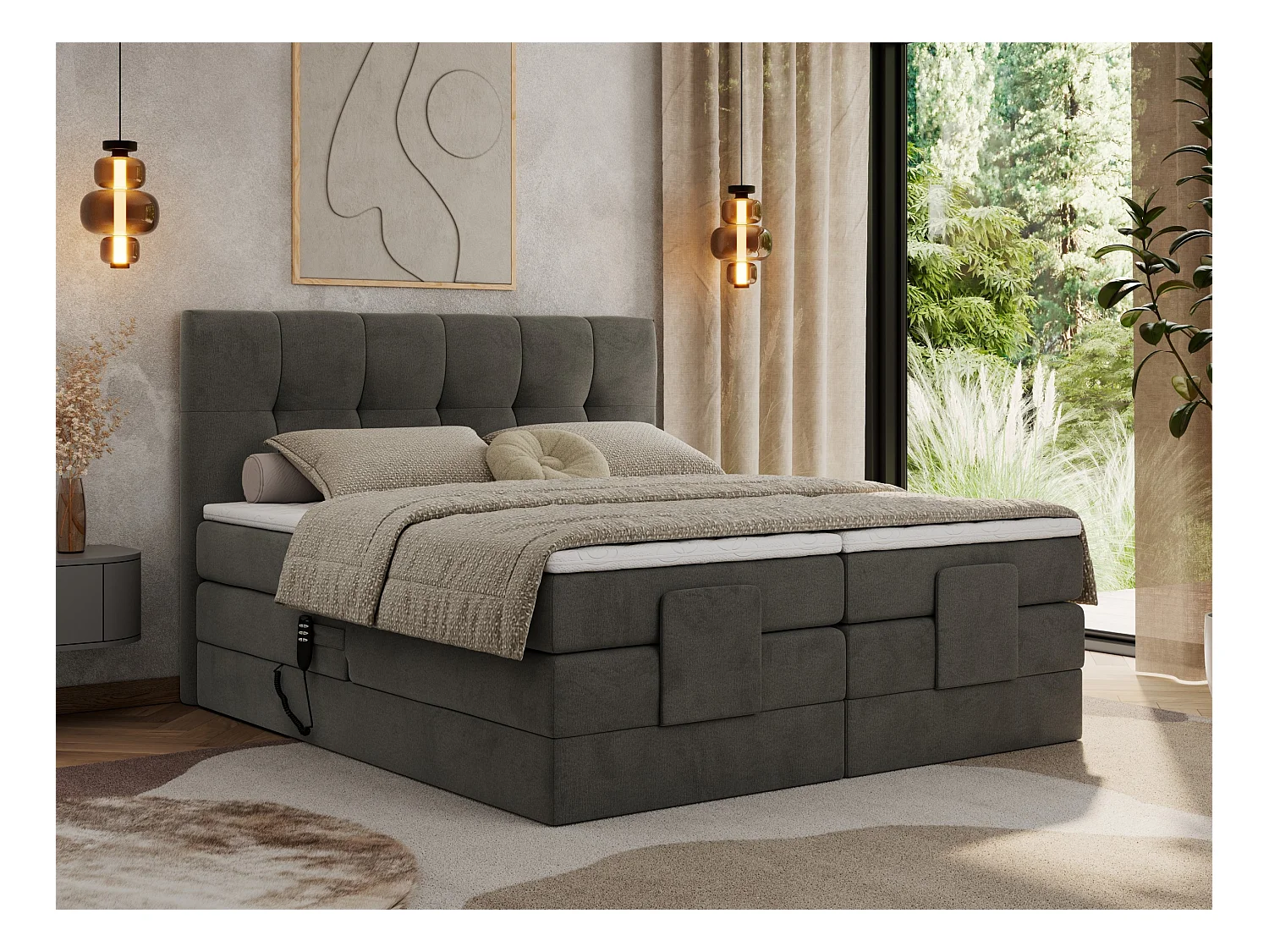 Boxspringbett VITTORIA - mit gestepptem Kopfteil, elektrischem Untergestell, Multipocket-Matratze - 160x200 cm - H4 - Dunkelgrau Velvet