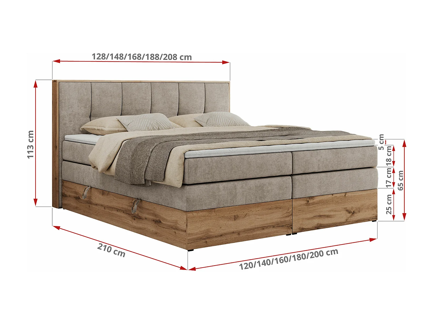 Boxspringbett ALBERO 1 KING - zwei 7 Härtezonen Multipocket-Matratzen, Doppelbett mit Stauraum, Eiche Wotan Holzrahmen - 120x200 cm - H3 - Beige Strukture