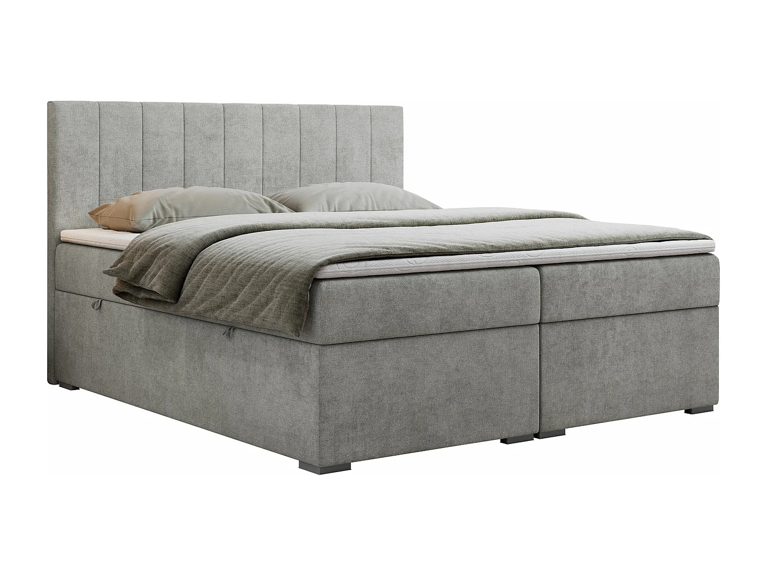 Boxspringbett LOPE - genähtes Kopfteil, Doppelbett mit Stauraum, Multipocket-Matratze, Topper - 160x200 cm - H4 - Hellgrau Strukture