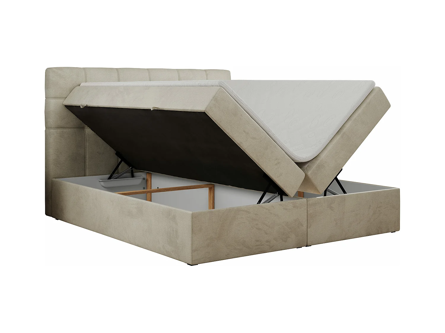 Boxspringbett ERNI - mit gestepptem Kopfteil, Polsterbett, Multipocket-Matratze und Topper, Bettkästen - 180x200 cm - H3 - Beige Velvet