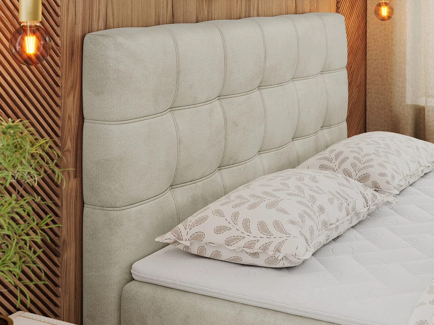 Boxspringbett ERNI - mit gestepptem Kopfteil, Polsterbett, Multipocket-Matratze und Topper, Bettkästen - 180x200 cm - H3 - Beige Velvet