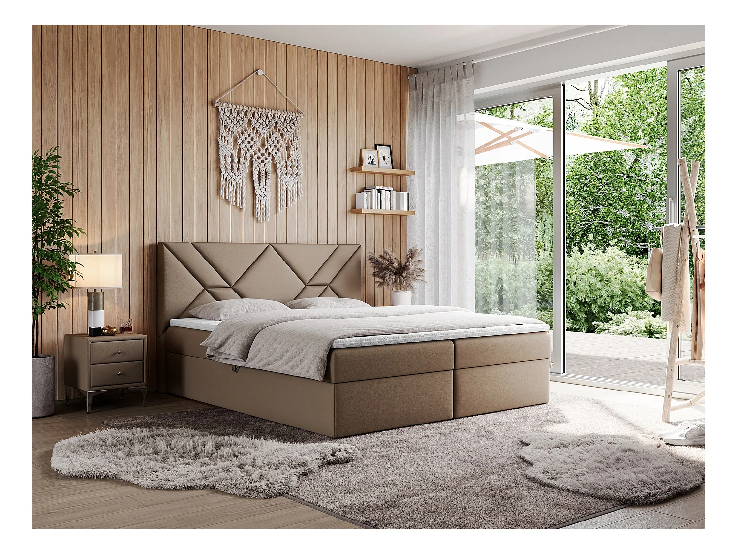 Boxspringbett NEOMI - dekorativem Kopfteil, Polsterbett mit Multipocket-Matratzen, zwei Bettkästen - 160x200 cm - H3 - Hellgrau Strukture