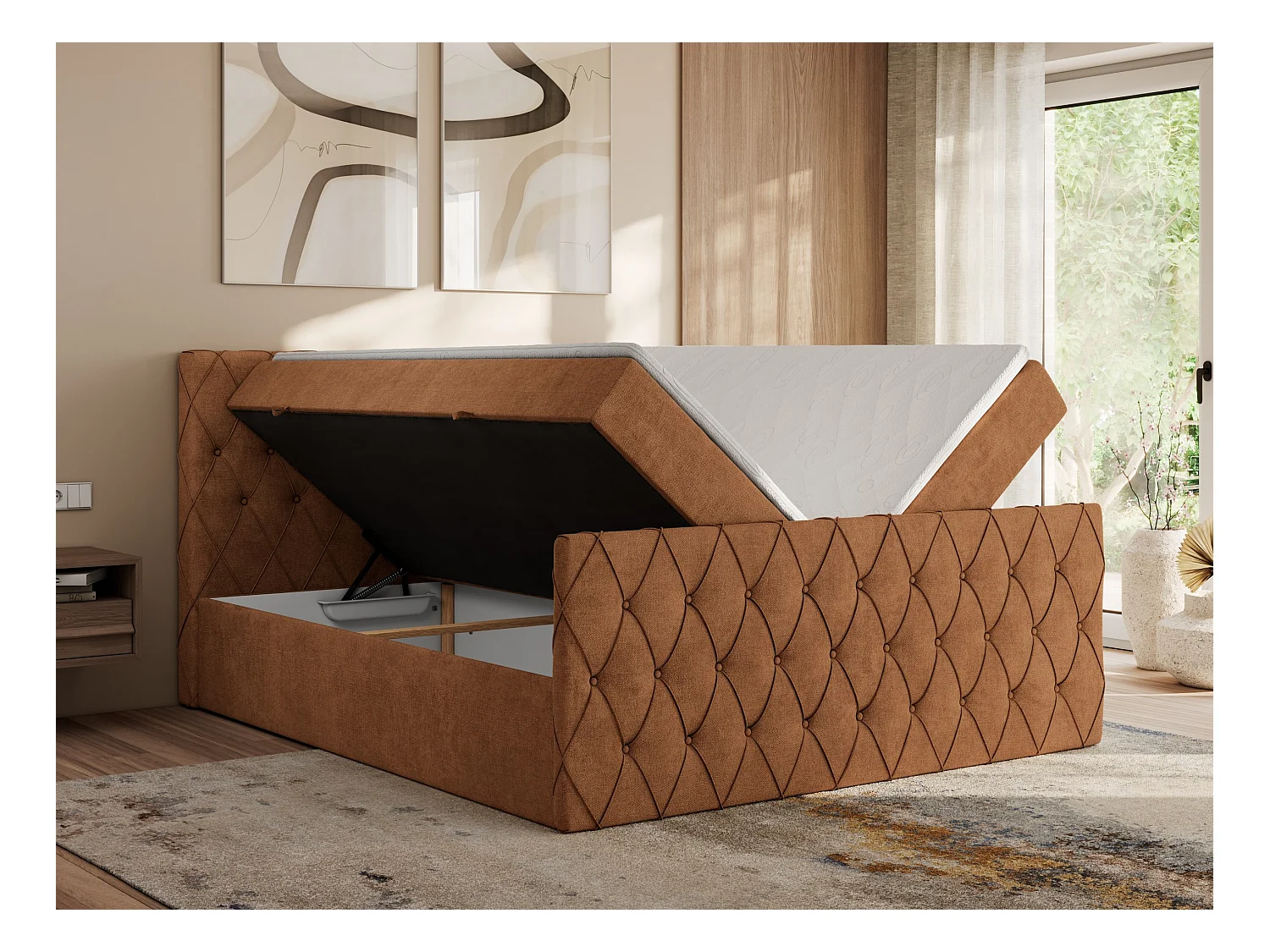 Boxspringbett MIREN DUO - mit gestepptem Kopfteil und Front, Multipocket-Matratze, zwei Bettkästen - 200x200 cm - H3 - Orange Strukture