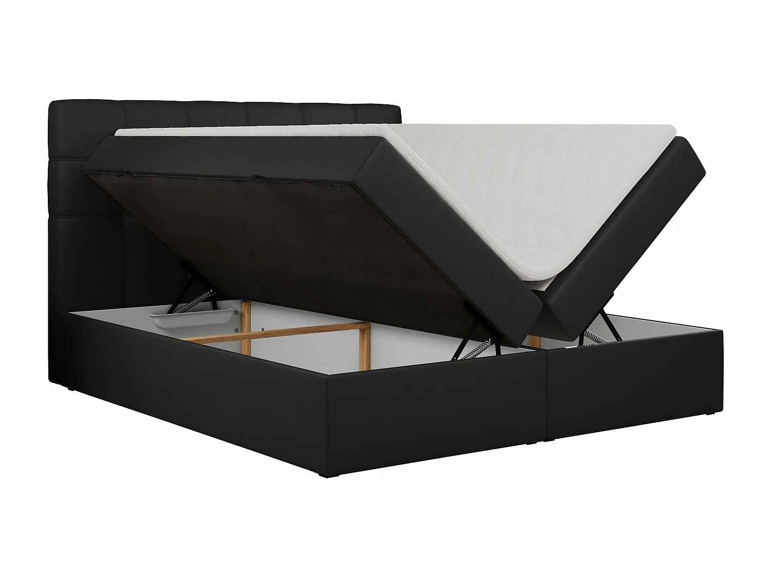 Boxspringbett ERNI - mit gestepptem Kopfteil, Polsterbett, Multipocket-Matratze und Topper, Bettkästen - 120x200 cm - H3 - Schwarz Kunstleder