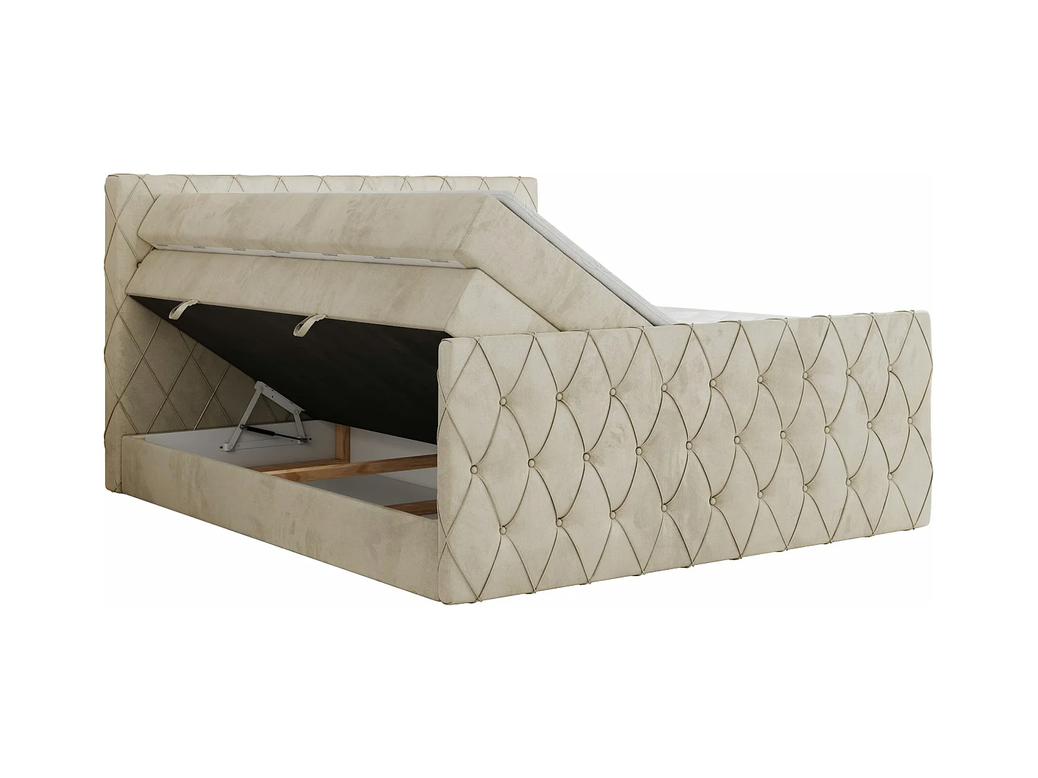 Boxspringbett MIREN KING DUO - für Schlafzimmer mit zwei Multipocket-Matratzen und Topper, gestepptes Kopfteil und Front  - 180x200 cm - H3 - Beige Velvet